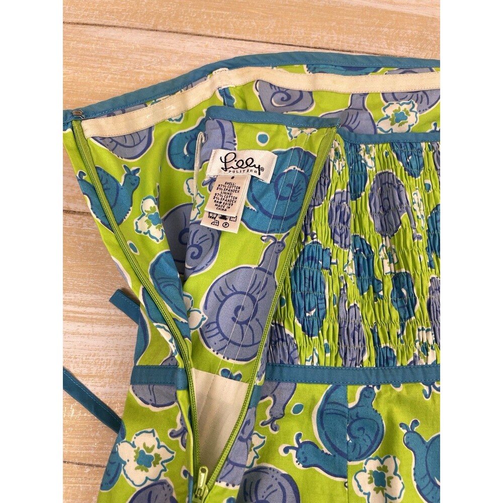 Lilly Pulitzer Strapless Dress Green Blue Snails Print Open Back Sz 8 - Picture 7 of 12